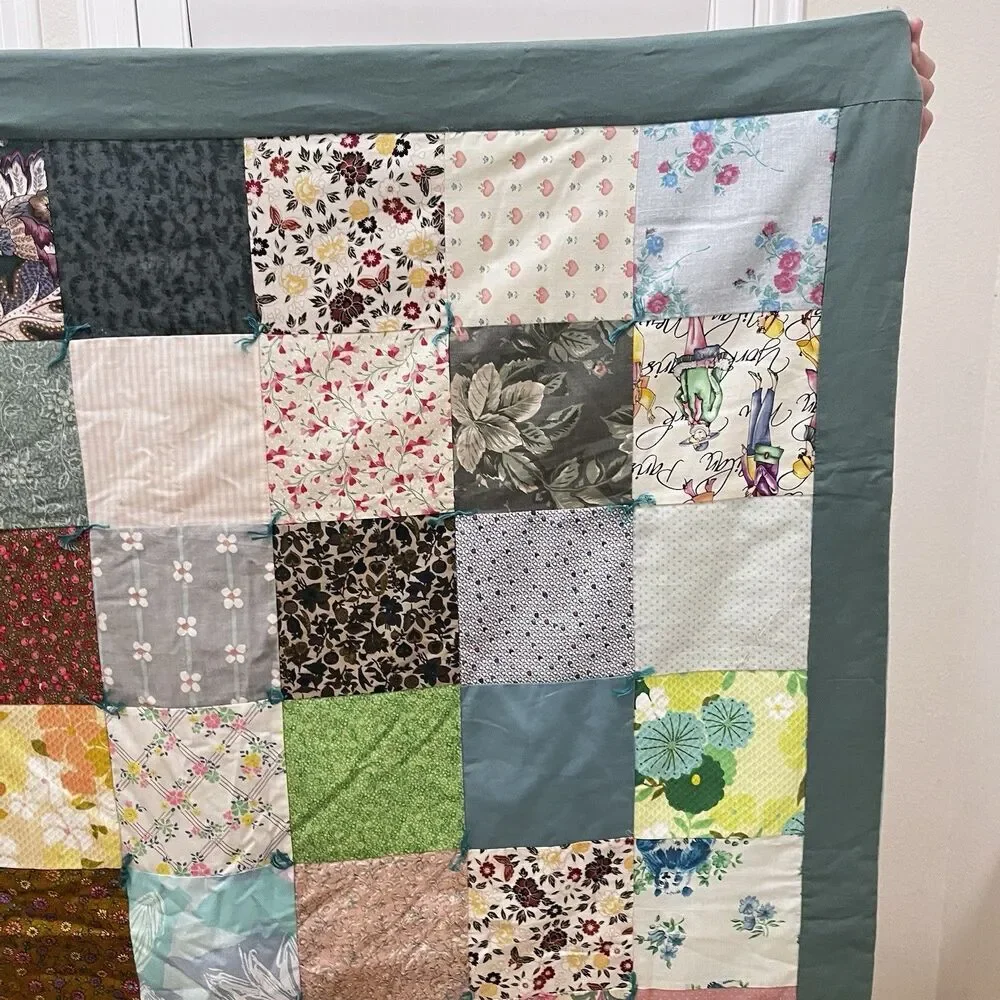Handmade Patchwork Quilt Throw Lap Blanket Floral Teal Green